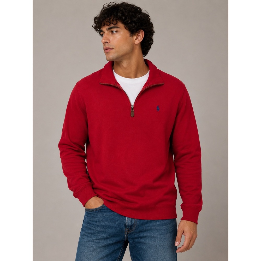 Polo Ralph Lauren Mens Large Red Quarter Zip Pullover Ribbed Cotton Sweater L